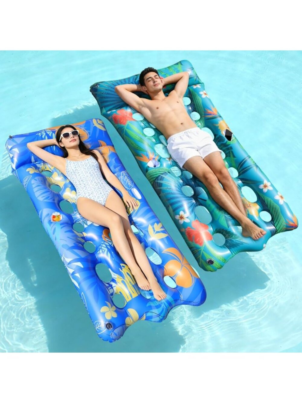 Ultra-Comfort Pool Lounger Floaties - 2 PCS, 72"x35", Cooling Headrest & Cup